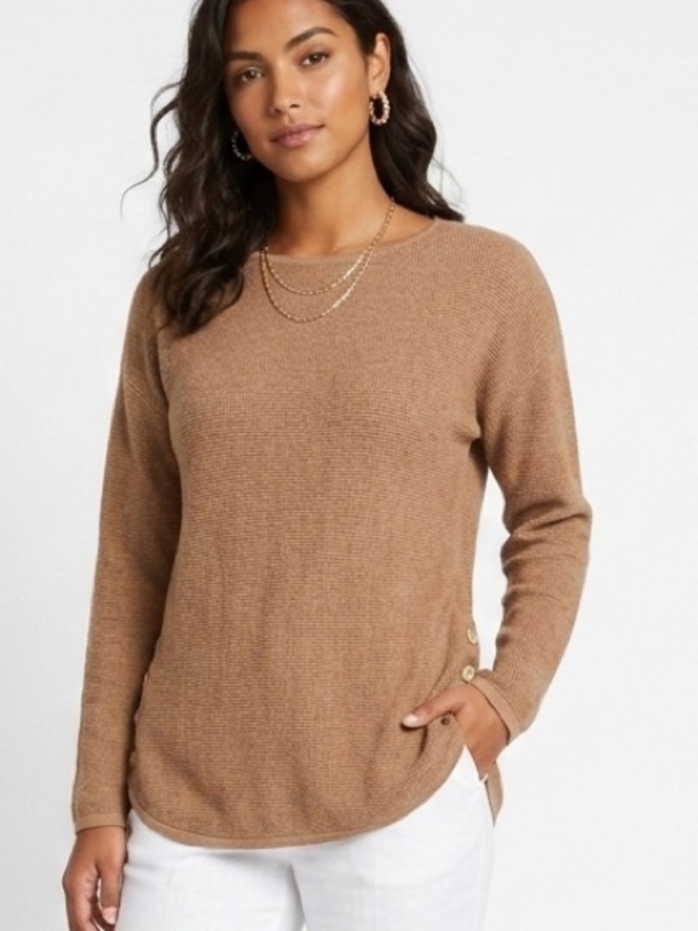 NWT Michael Kors Dark Camel Button-Side Knit Sweater Size M Cozy Chic